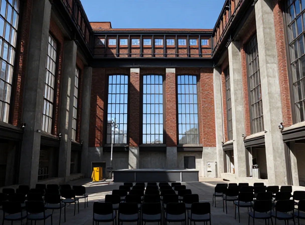The empty main hall inside Maassilo with rows of black chairs facing a bare stage