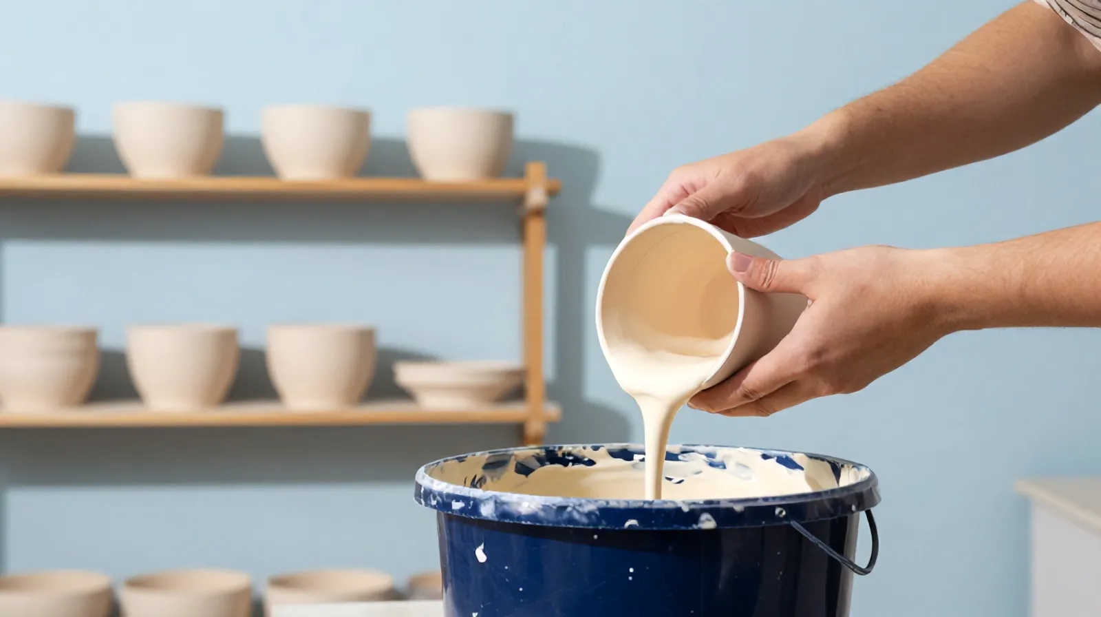 Hands dipping a bisque cup into a bucket of hand-mixed glaze in the Kiln studio