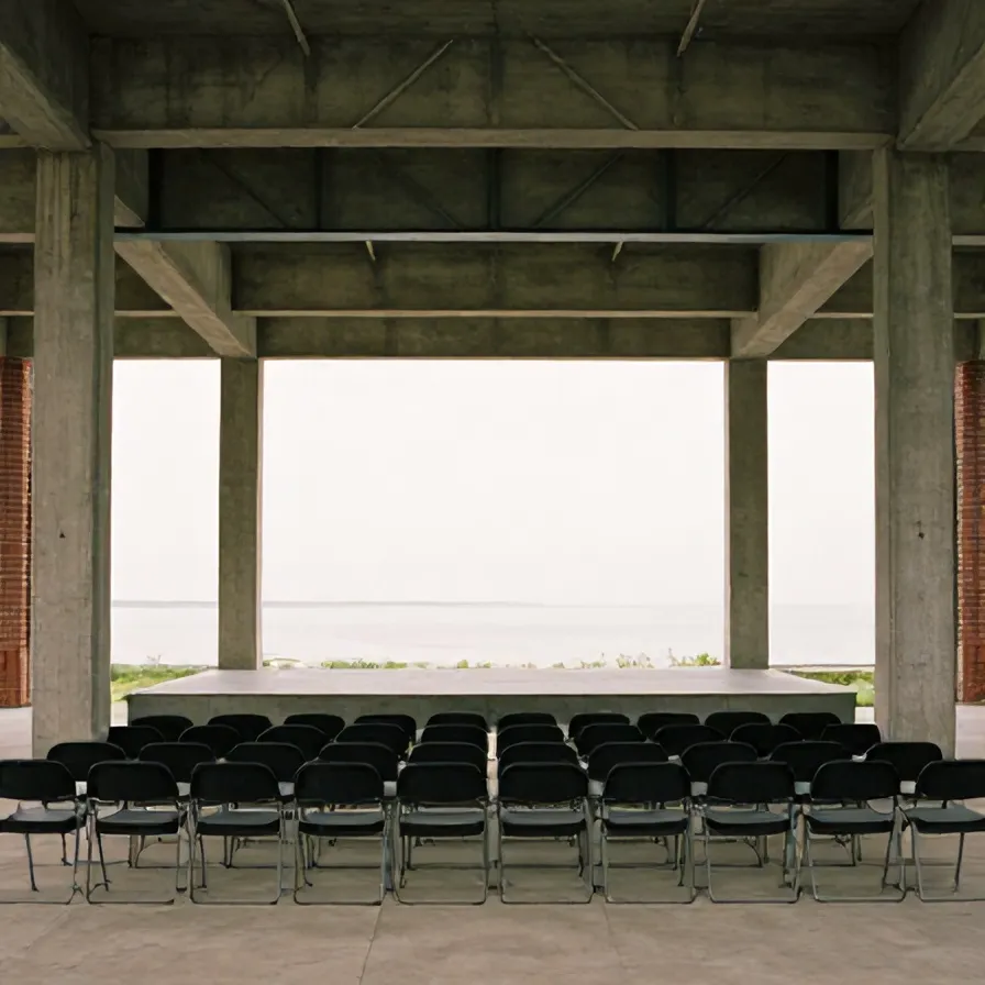 Rows of black folding chairs in the concrete hall of the Maassilo