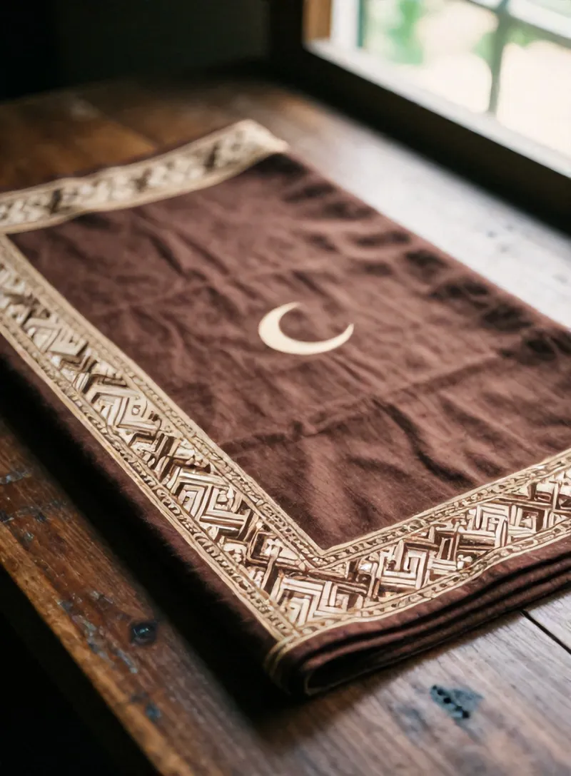 Kain batik Terang Bulan berbidang soga polos dengan pinggiran motif rapat, terlipat di meja kayu