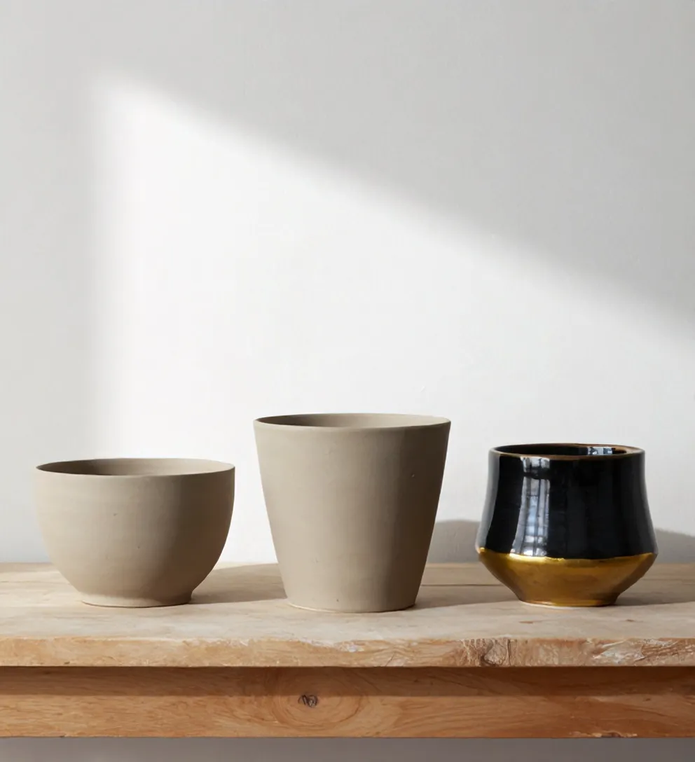 Unglazed oatmeal stoneware waiting on a workbench shelf in the Porto studio
