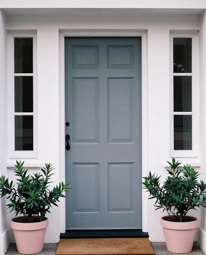 Pintu depan rumah putih dengan keset dan tanaman