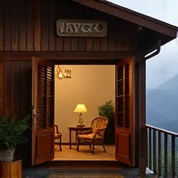 Depan kedai Kopi Lereng dengan kursi bambu di teras