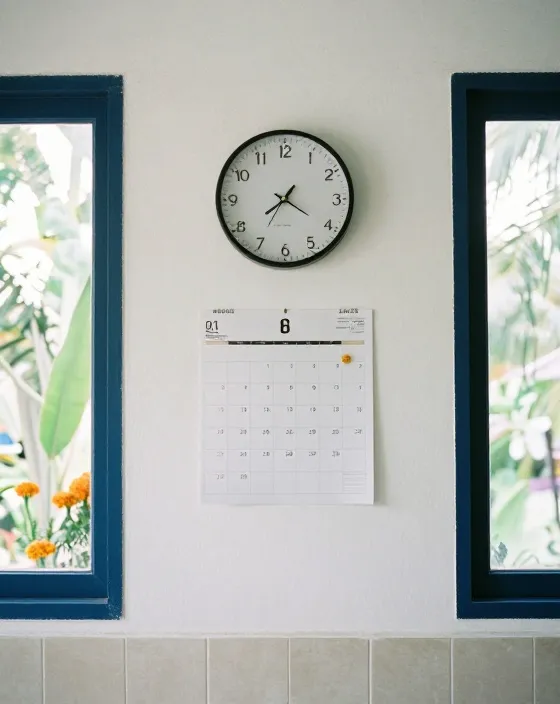 Jam dinding dan kalender di dinding putih