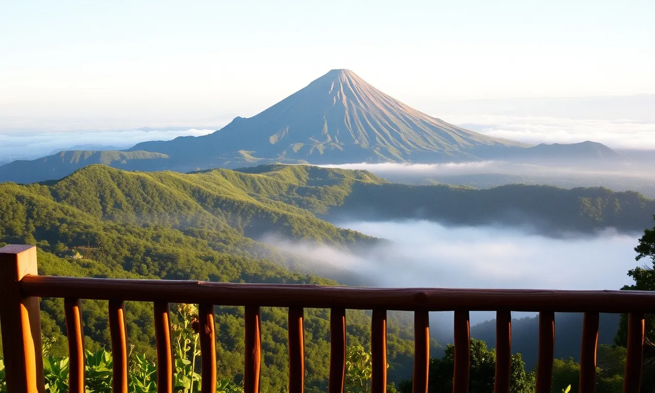Puncak Merapi terlihat jelas dari teras di pagi cerah