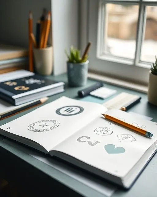 Sketchbook of logo concepts on a desk