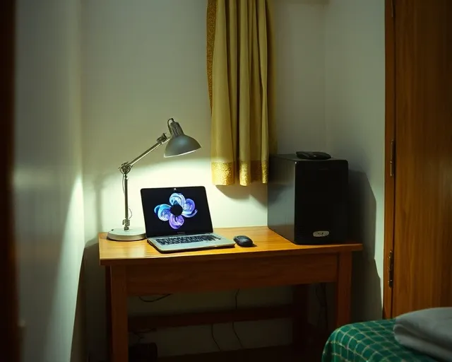 Meja belajar dengan laptop dan lampu