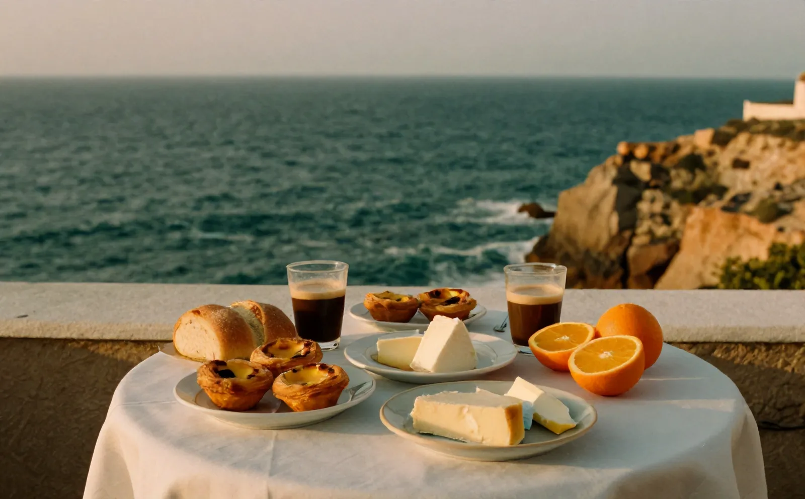 A terrace breakfast table with pastéis de nata, broa, fresh cheese, oranges and two glasses of galão
