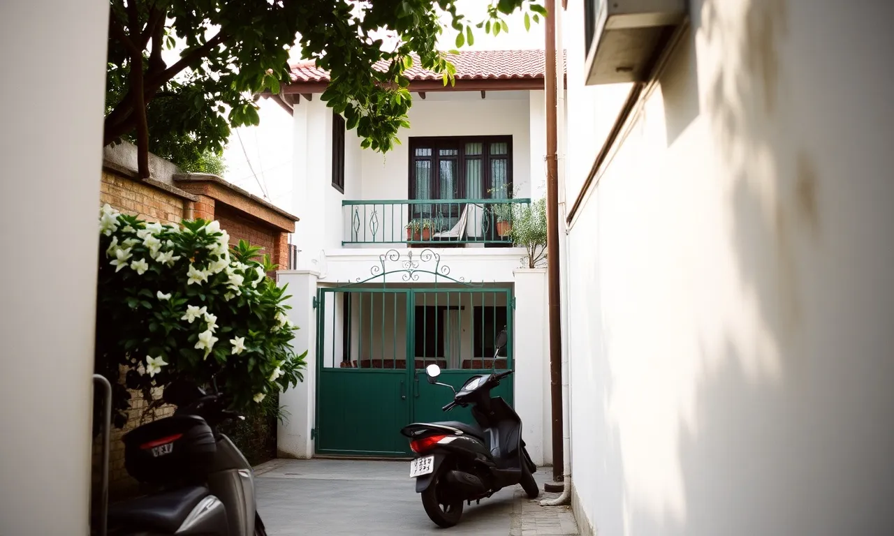 Gang menuju gerbang hijau Wisma Melati, rumah kos putih dengan pot melati