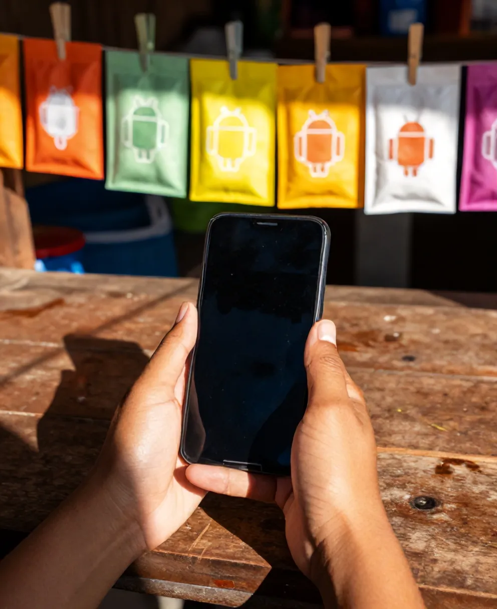 Tangan memegang HP Android di atas meja kayu warung, renteng sachet warna-warni tergantung di belakang