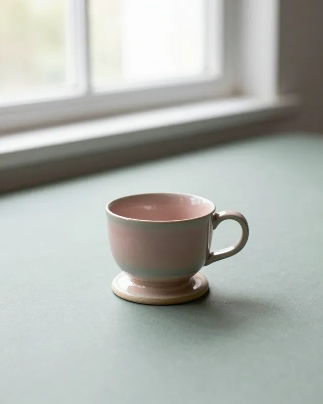 A second handleless cup in blush glaze above its bare clay ring