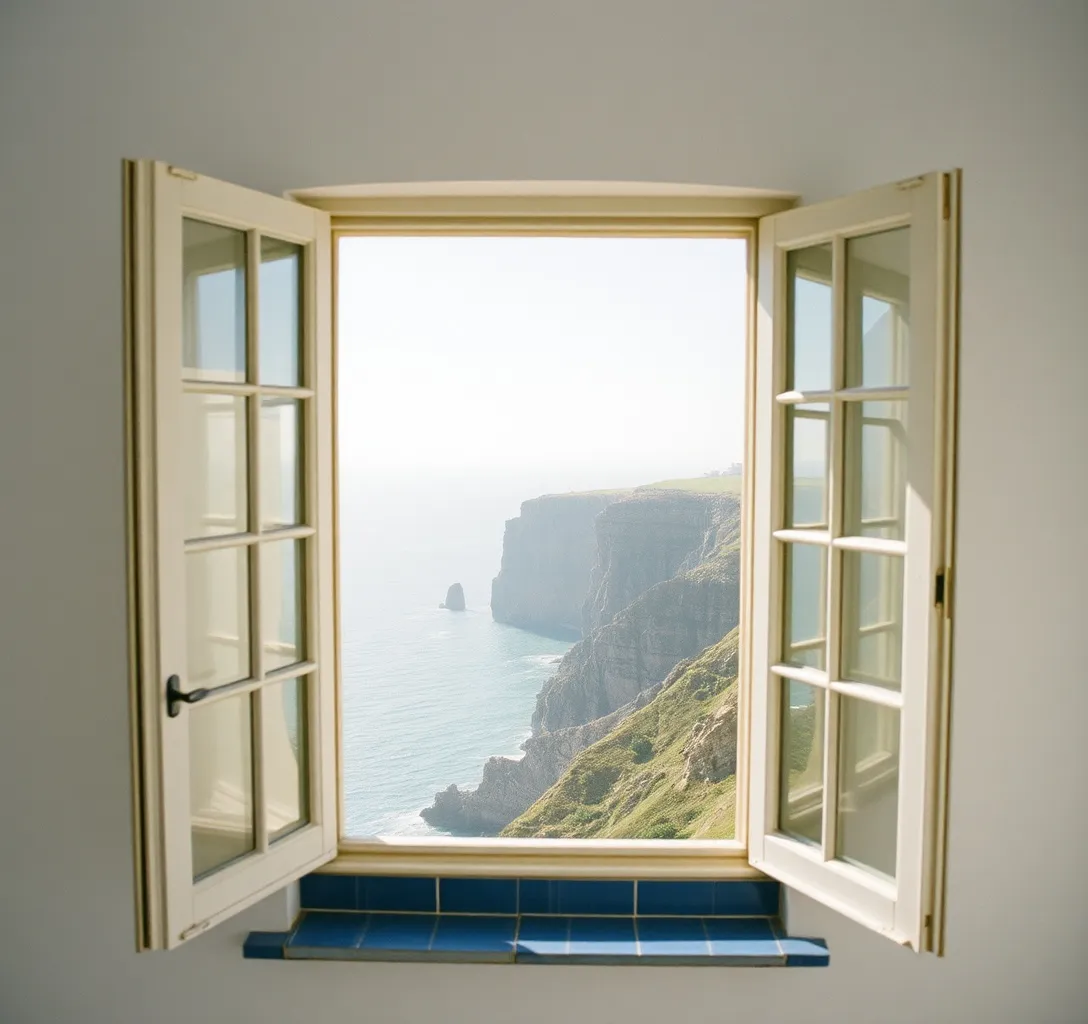 The Atlantic through a whitewashed window above the cliffs