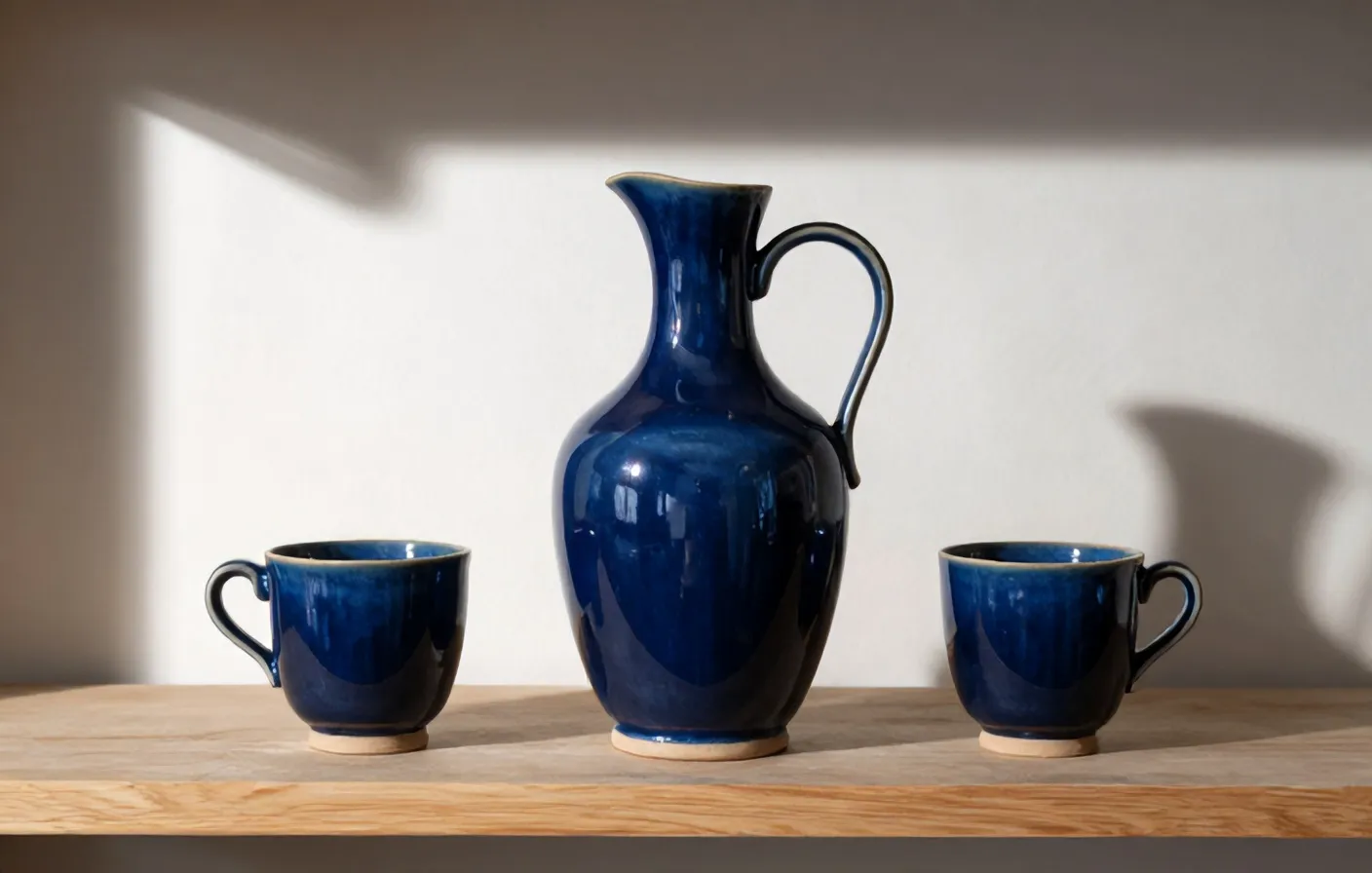 Freshly glaze-fired carafe and cups on a studio shelf
