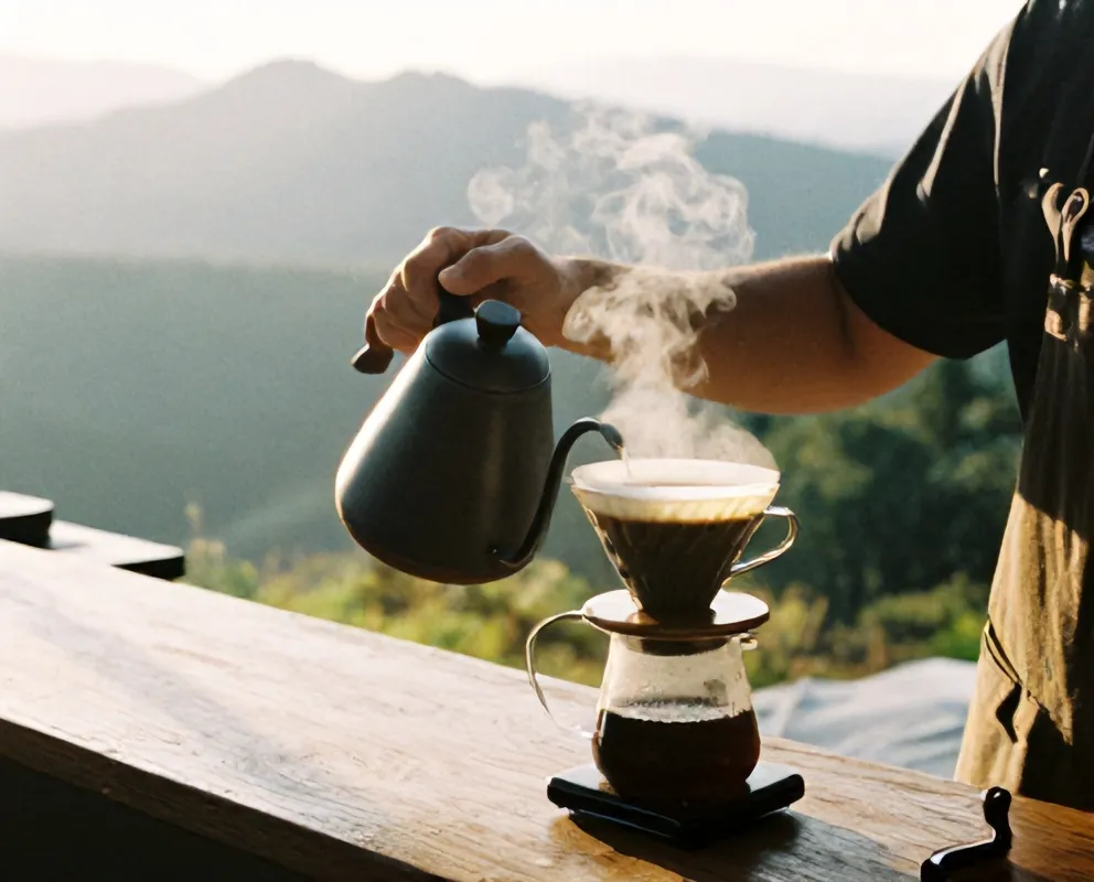 Barista menuang air panas ke V60 dengan teko leher angsa