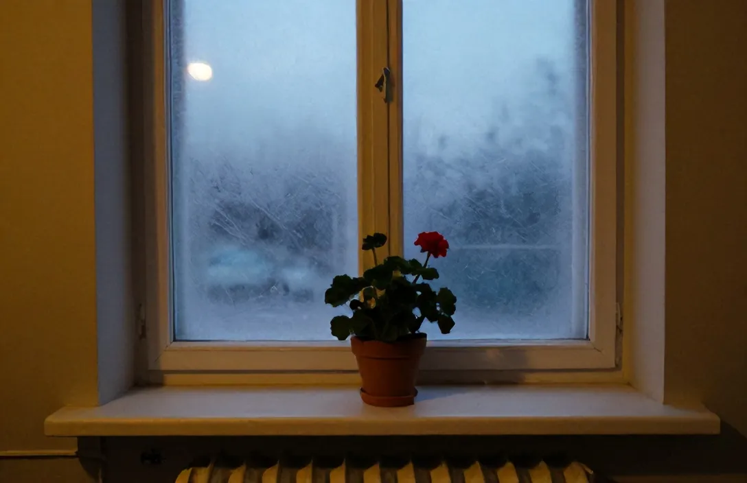 A red geranium on a deep window sill in a Södermalm studio at winter dusk