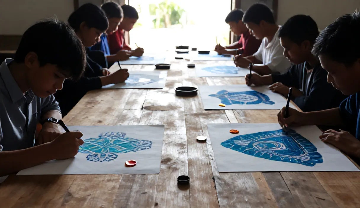 Delapan peserta kelas membatik duduk di meja kayu panjang pada pagi hari