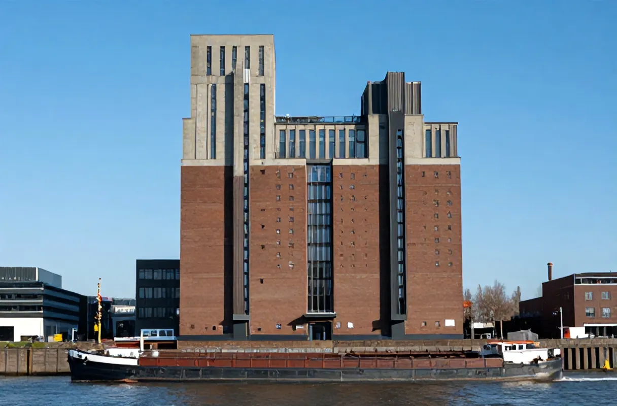The Maassilo grain silo rising over the Maashaven water under a clear blue sky