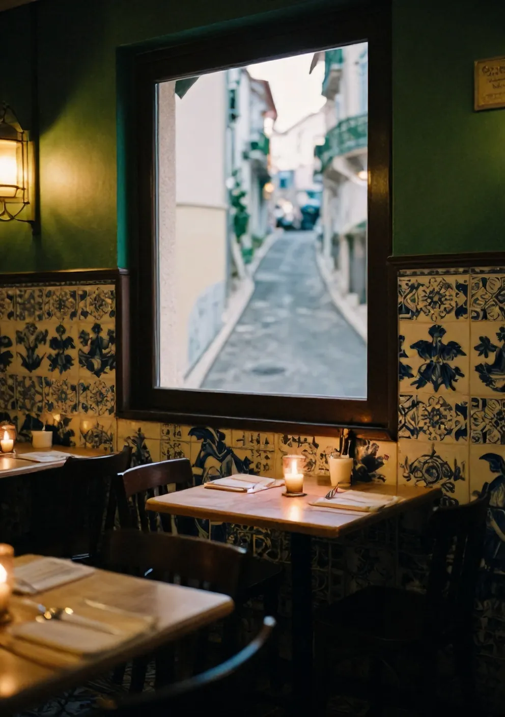 Candlelit dining room at Osteria Nove with tiled walls and wooden tables