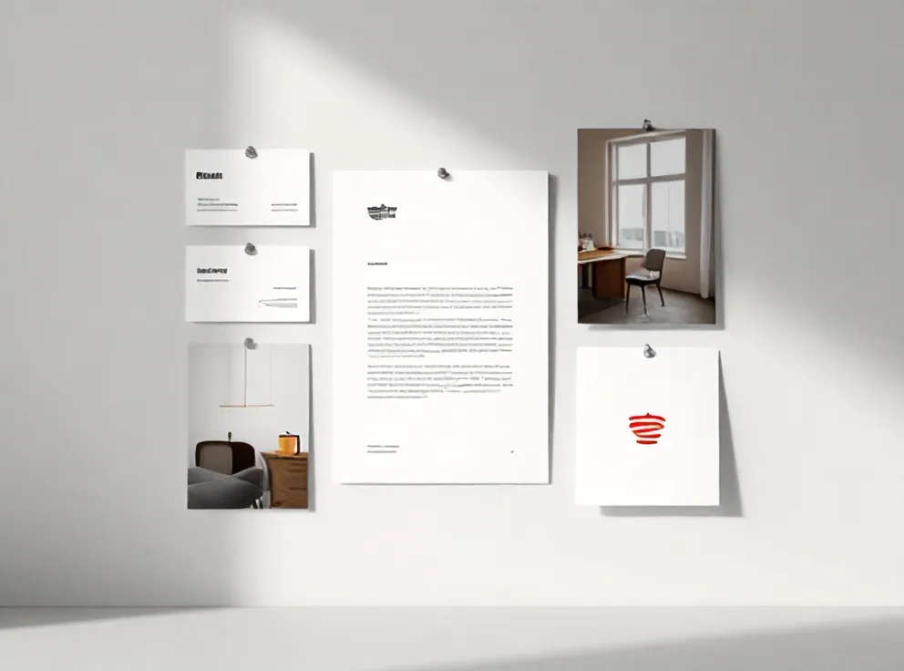 Printed brand identity proofs pinned to a white studio wall
