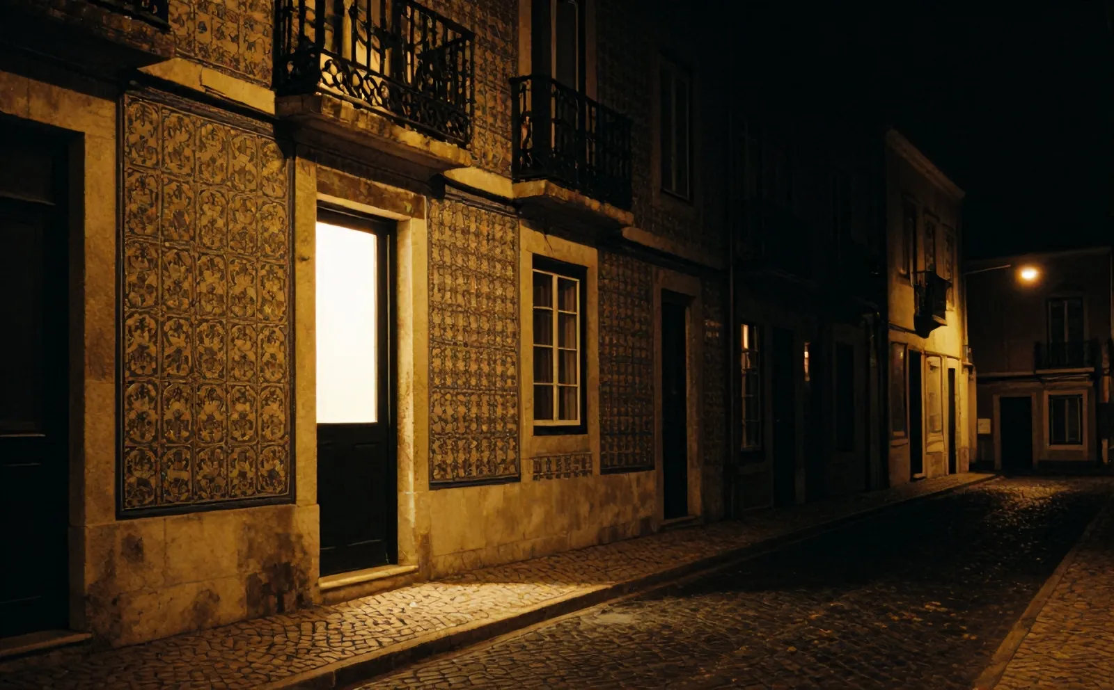 The lit doorway of Rua dos Remédios 9 in a steep Alfama lane at night