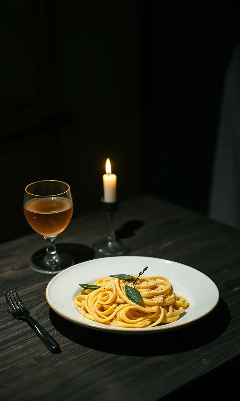 A plate of hand-cut tagliatelle beside a candle and a glass of orange wine on a dark wooden table