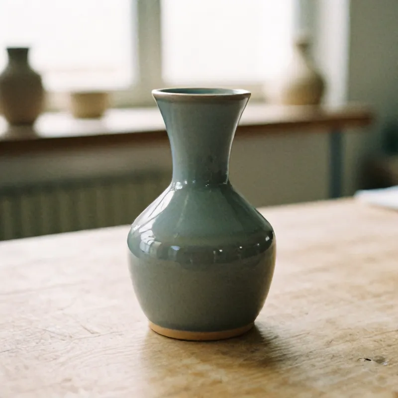 The short spout of a blush-glazed carafe