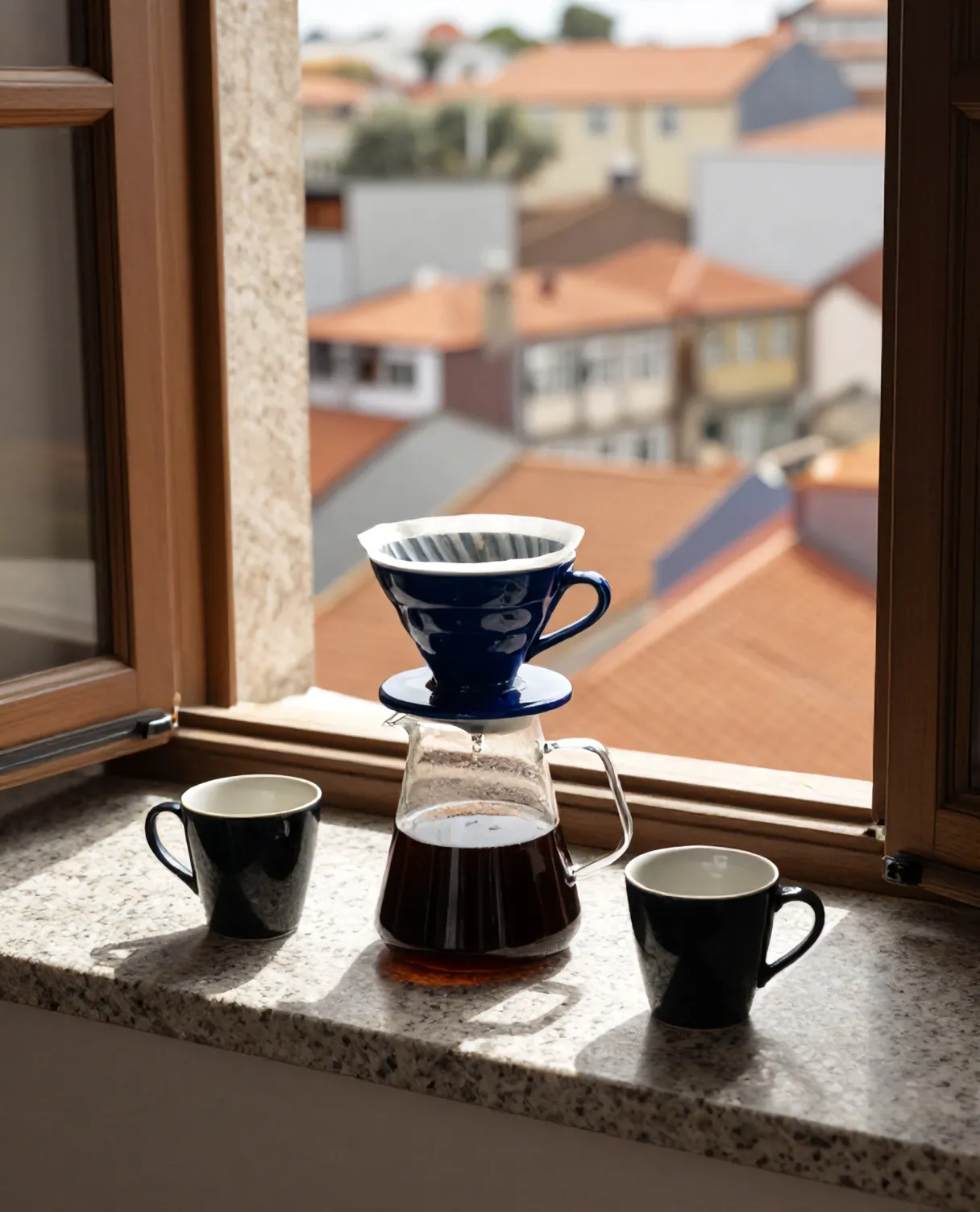 A morning pour for two on a granite sill, Porto rooftops beyond the shutters