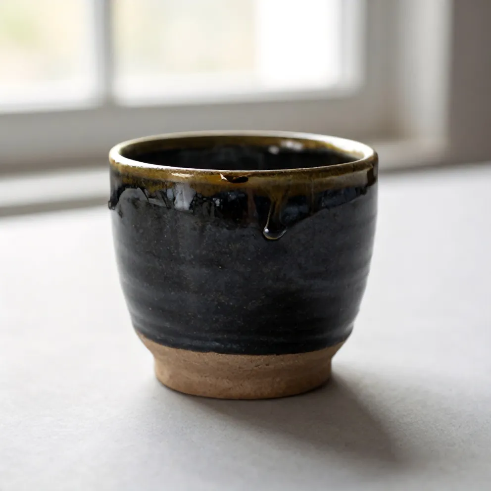 Dark glaze pooled at the foot of a cup, a drip above the raw clay ring