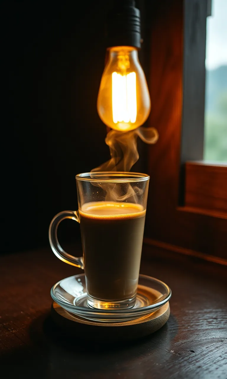 Segelas kopi tubruk Merapi di atas lepek, meja jati, di bawah lampu bohlam