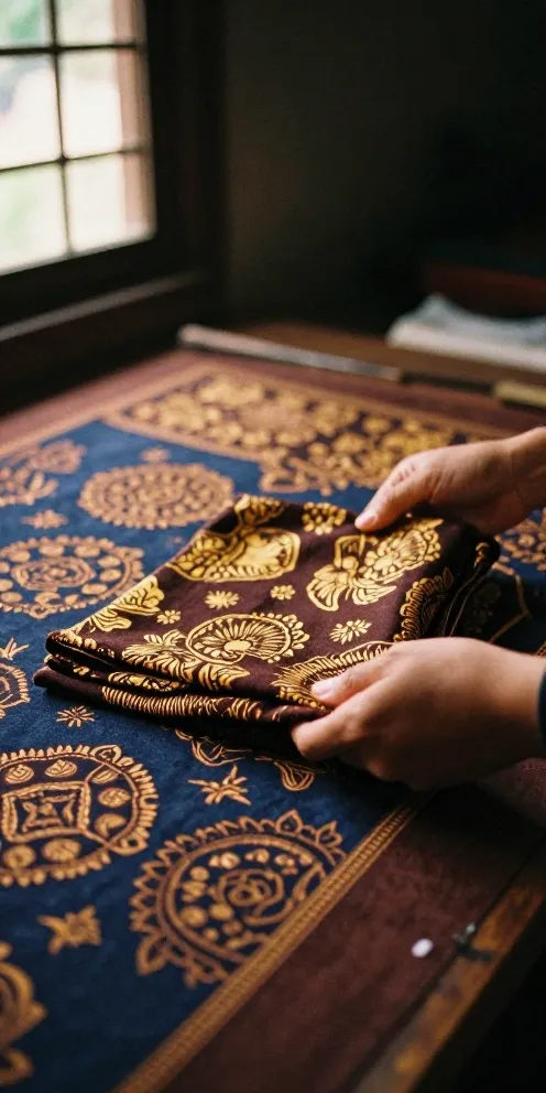 Tangan memegang kain batik yang sudah jadi