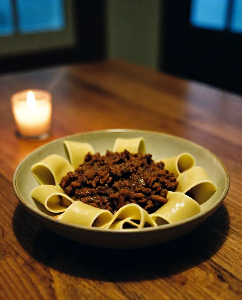 Pappardelle with a dark ragù by candlelight