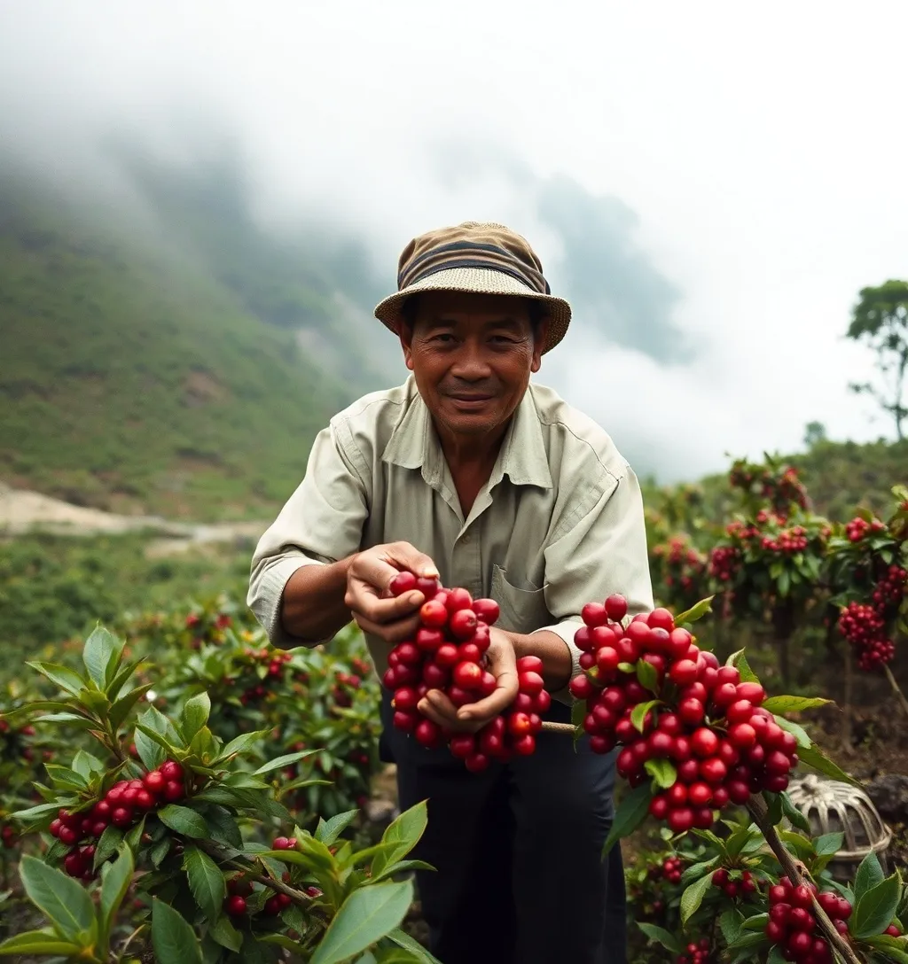 Petani Turgo memetik ceri kopi merah di lereng berkabut