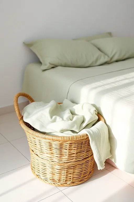 Keranjang laundry berisi baju terlipat di kamar