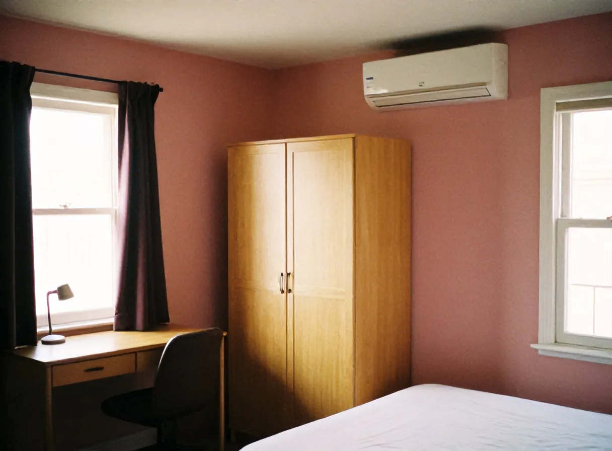Kamar kos dengan kasur, lemari kayu, meja belajar, dan AC