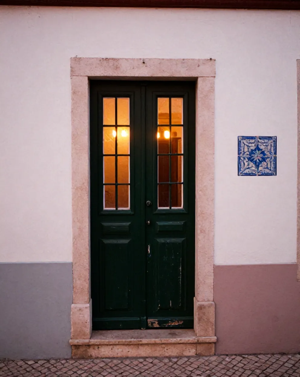 The green wooden door of Osteria Nove at number 9, Rua dos Remédios, warm light in the window at dusk