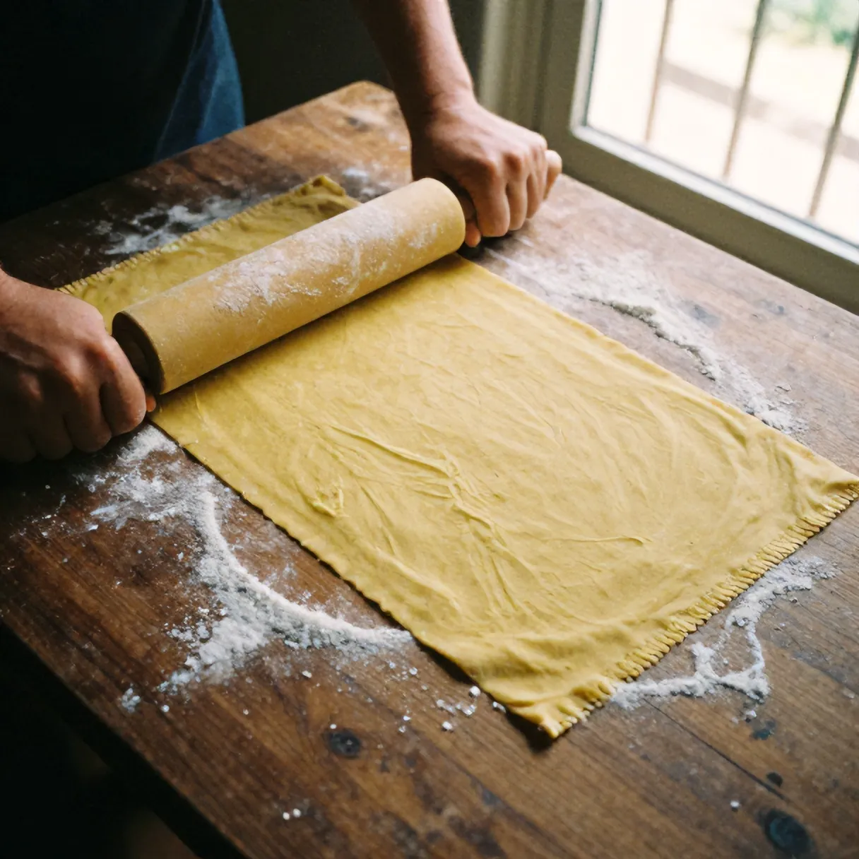Hands rolling a sheet of egg-yellow pasta dough with a long rolling pin on a worn wooden board