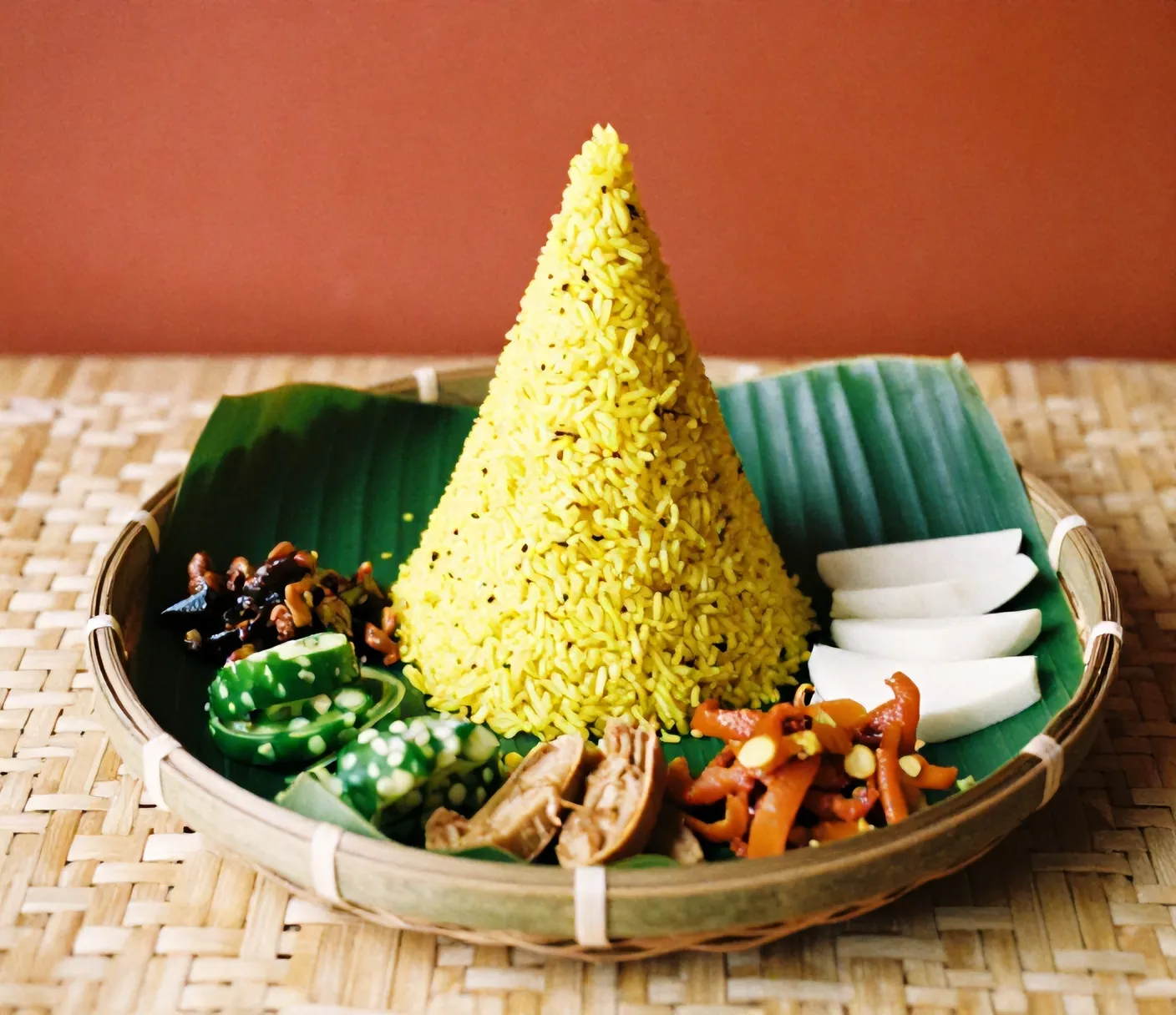 Tumpeng nasi kuning di atas tampah bambu