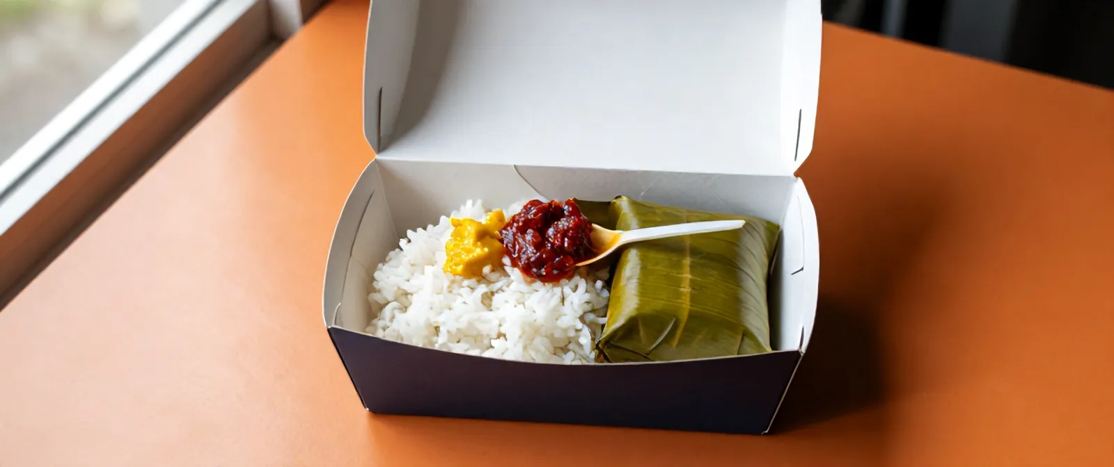 Nasi box Dapur Bu Sri dari atas: nasi putih, garang asem dalam daun pisang, bandeng presto, sambal dan sendok plastik