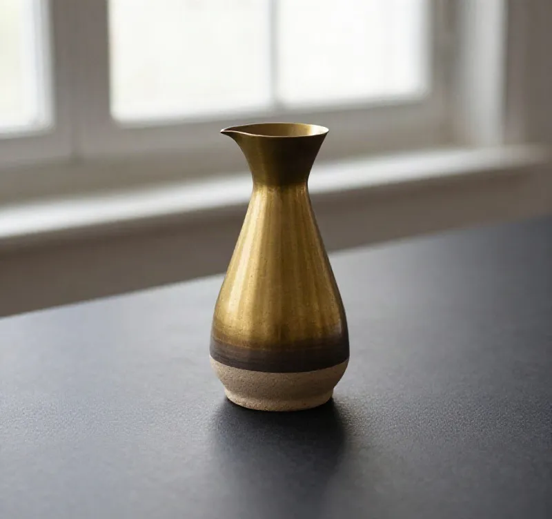 The Kiln carafe with brass glaze pooling at its base, on near-black