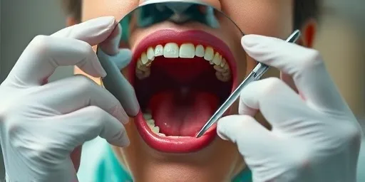 Dokter gigi memeriksa dengan kaca mulut