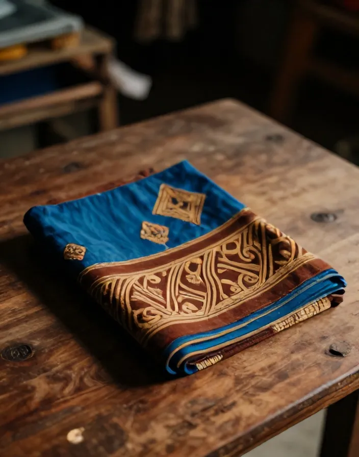 Kain batik Jlamprang terlipat di meja kayu
