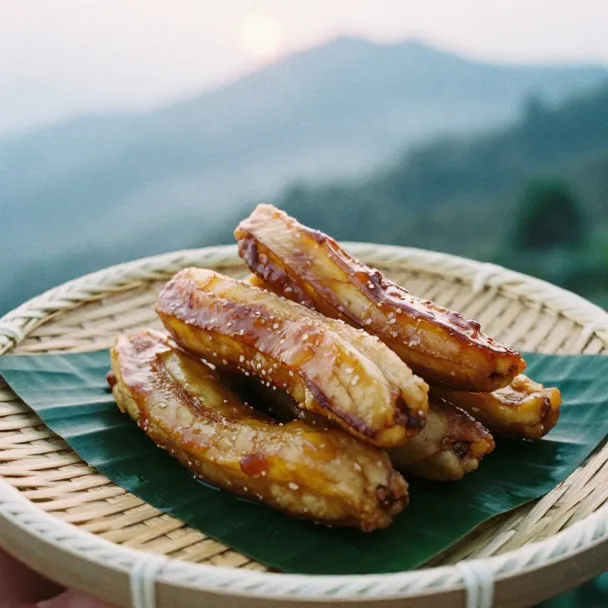 Pisang goreng di piring anyaman bambu