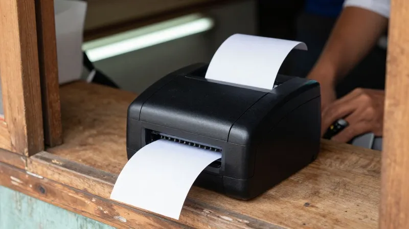 Printer bluetooth kecil dengan struk kertas thermal di meja kayu warung