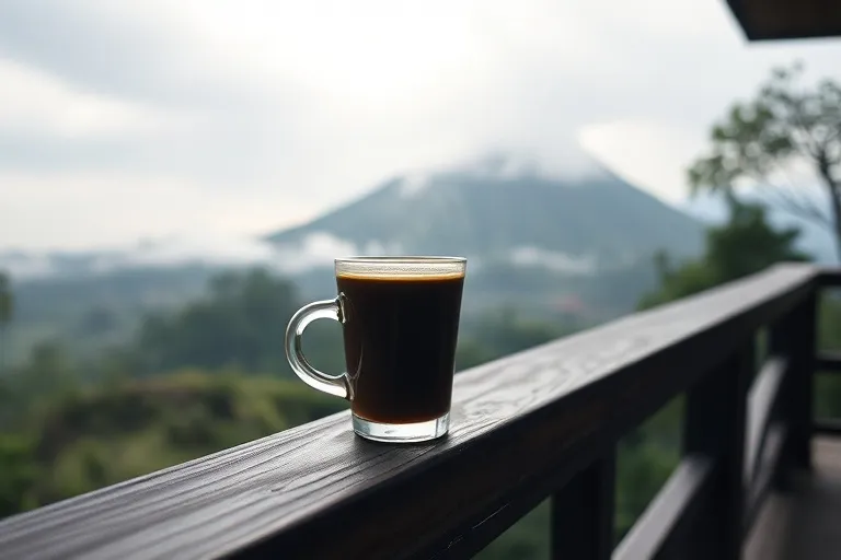 Segelas kopi tubruk mengepul di pagar kayu teras