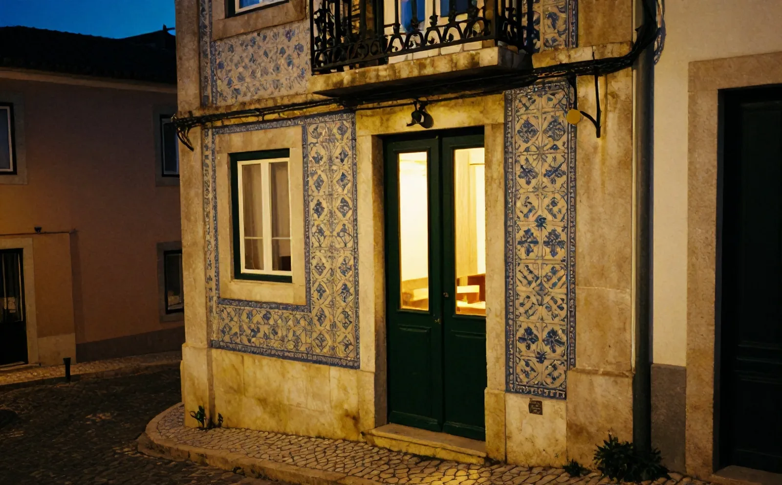The green door and lit window of Osteria Nove on a steep cobbled lane in Alfama at dusk