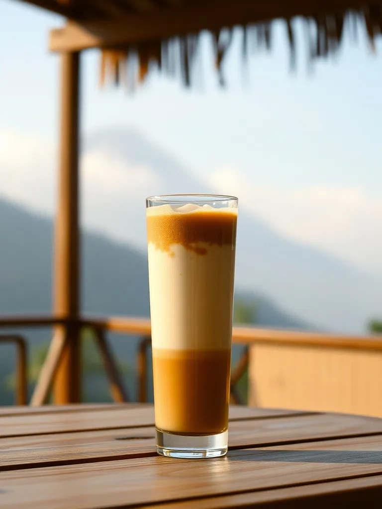Es kopi susu gula aren di meja teras