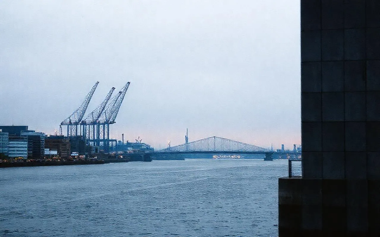 Harbour cranes and the Erasmus bridge over the Maas