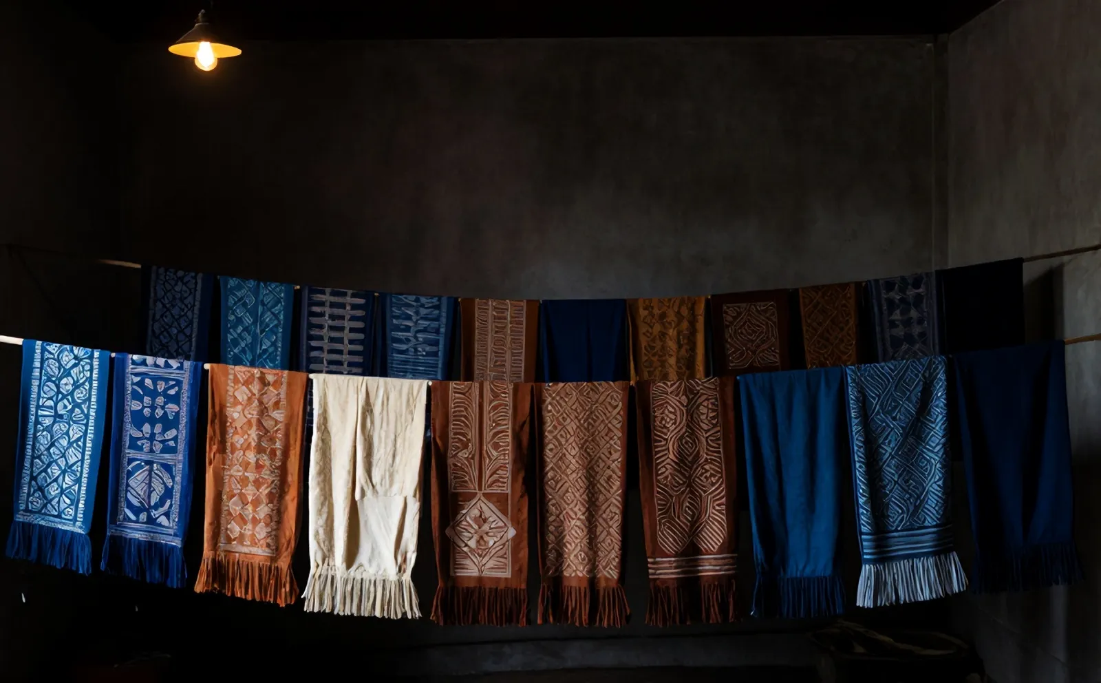 Kain batik digantung berjajar di bengkel Sekar Jagad, Pekalongan