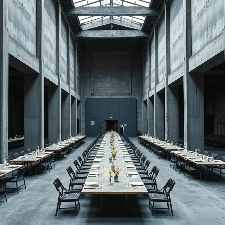 Lunch tables in a concrete hall