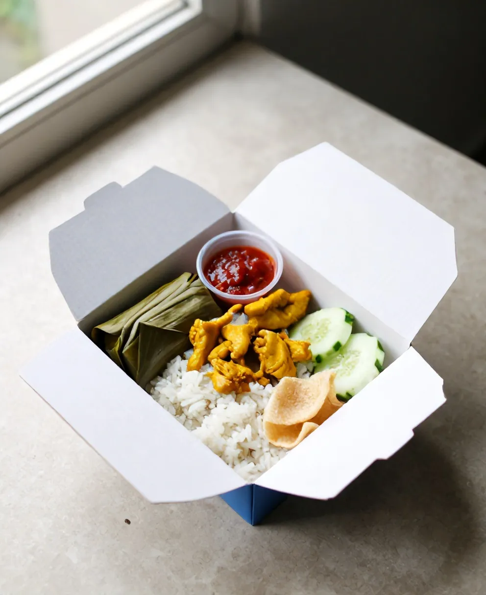 Nasi box Dapur Bu Sri dilihat dari atas: nasi putih, garang asem dalam daun pisang, perkedel, timun, kerupuk dan sambal